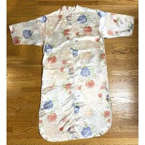 Vintage Lord & Taylor Satin Floral 1/2 Zip Housecoat Dress Robe Nightgown XL
